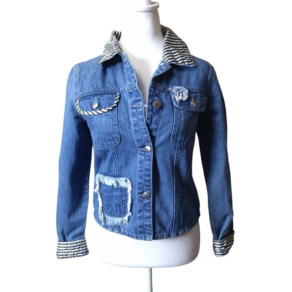 Samantha Sipos Size XS  Embroidered Girls Blue Gingham Distressed Jean Jacket